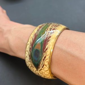 Vintage Gold and Cream Enamel Bangle Bracelet, Peacock Feather, Boho, Retro